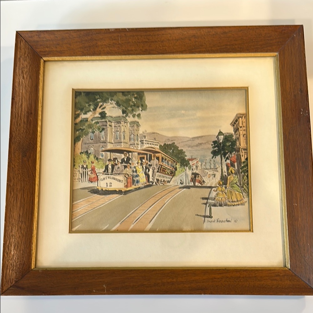 Vtg Frank Serratoni Signed San Fransisco Lithograph Print MCM Antique Wood Frame